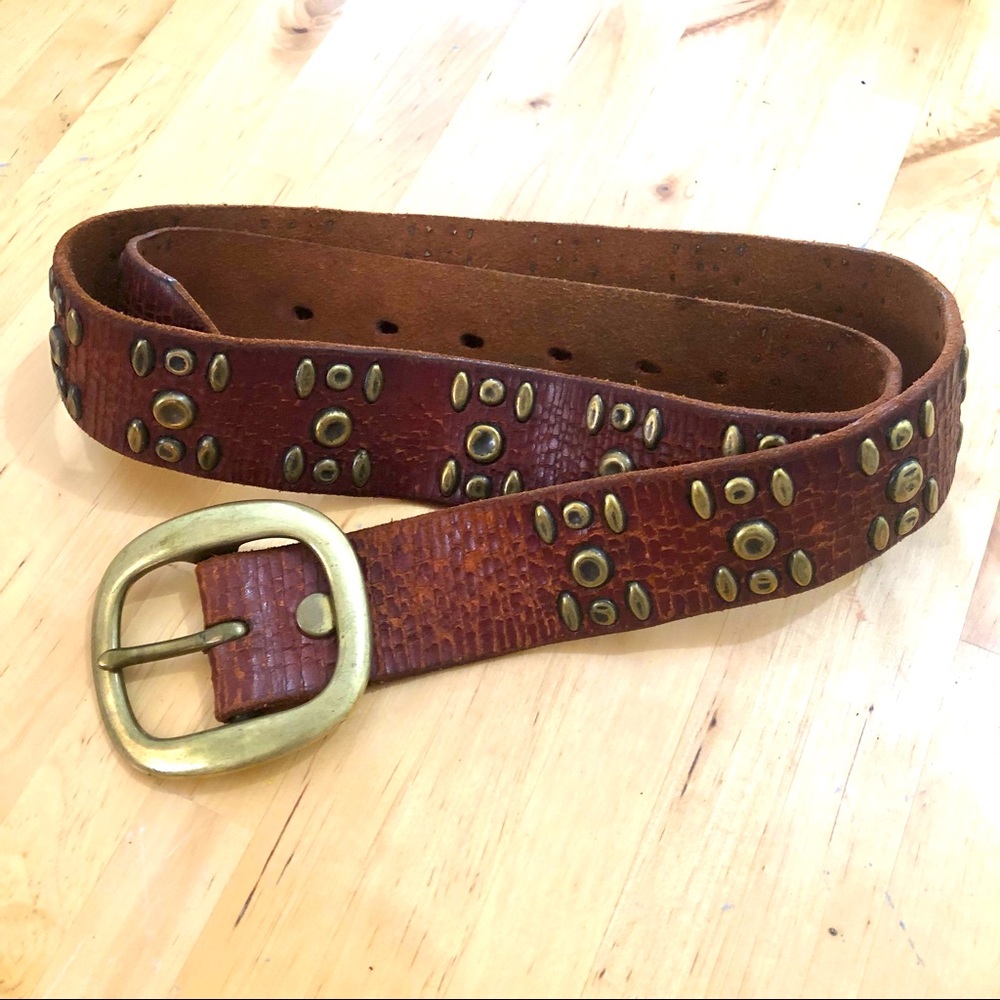 Vintage Lucky Brand Brass Studded Distressed Leather Belt 42”